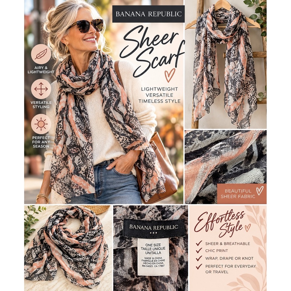 Banana Republic Womens Sheer Scarf Snakeskin Python Print Pink Gray Black Oblong